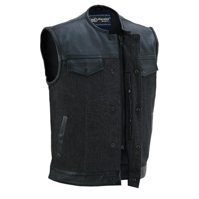 Men's Leather-Denim Combo Motorcycle  Vest - No Collar