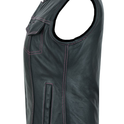 Violet Pink - Women's Black Leather Biker Vest w/ Pink Stitch
