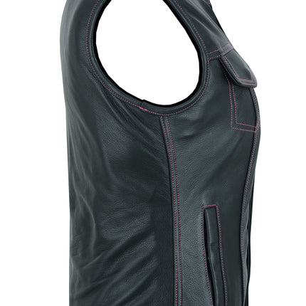 Violet Pink - Women's Black Leather Biker Vest w/ Pink Stitch
