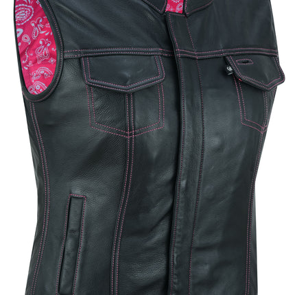 Violet Pink - Women's Black Leather Biker Vest w/ Pink Stitch