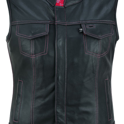 Violet Pink - Women's Black Leather Biker Vest w/ Pink Stitch