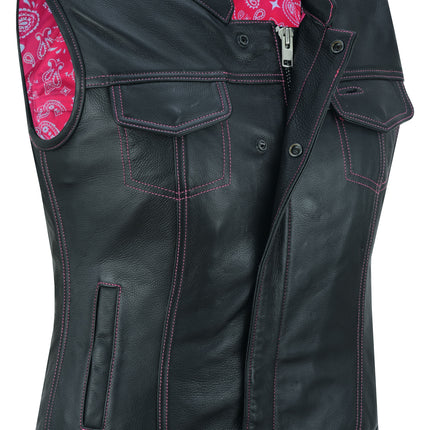 Violet Pink - Women's Black Leather Biker Vest w/ Pink Stitch