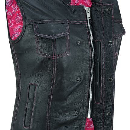 Violet Pink - Women's Black Leather Biker Vest w/ Pink Stitch