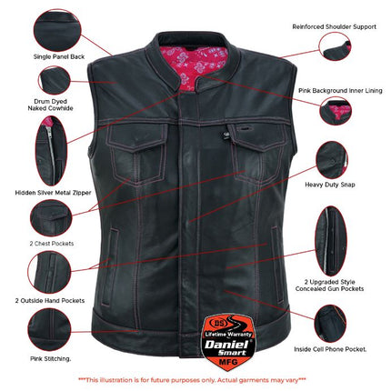 Violet Pink - Women's Black Leather Biker Vest w/ Pink Stitch