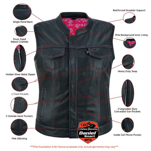 Violet Pink - Women's Black Leather Biker Vest w/ Pink Stitch