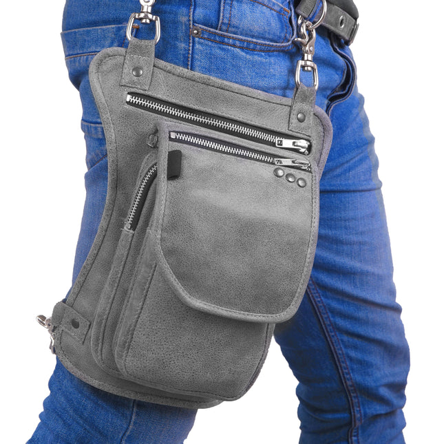 Distressed Grey Leather Thigh Bag w/ Concealed Carry Pocket