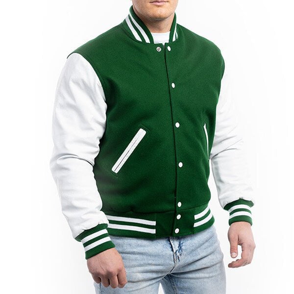 Green Wool & White Sleeves Leather Letterman Jacket