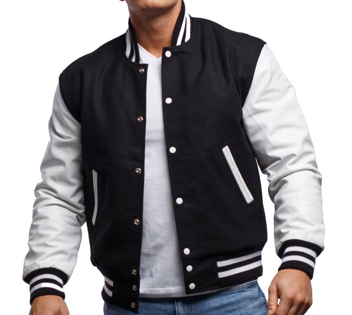 Classic Black & White Leather Sleeves Varsity Jacket