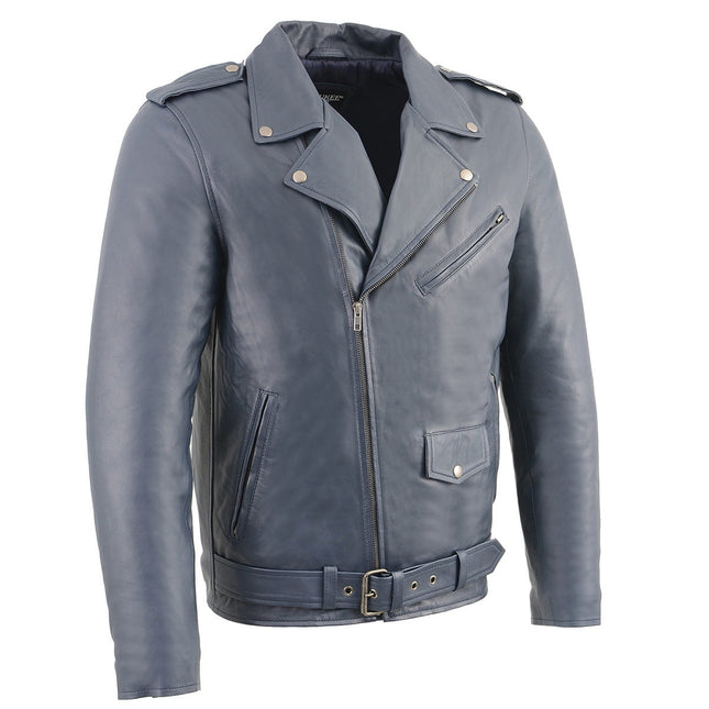 Men's Blue Leather Classic Motorcycle Leather Jacket