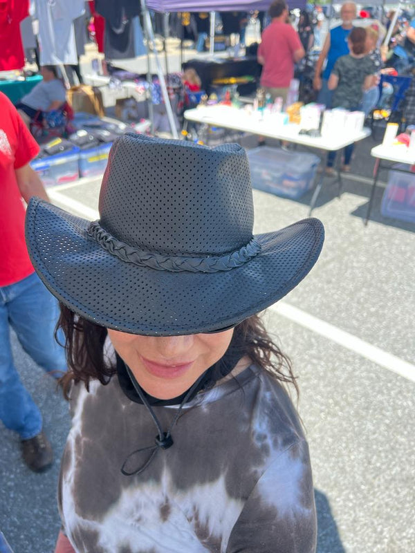Crushable Genuine Perforated Leather Black Cowboy Hat