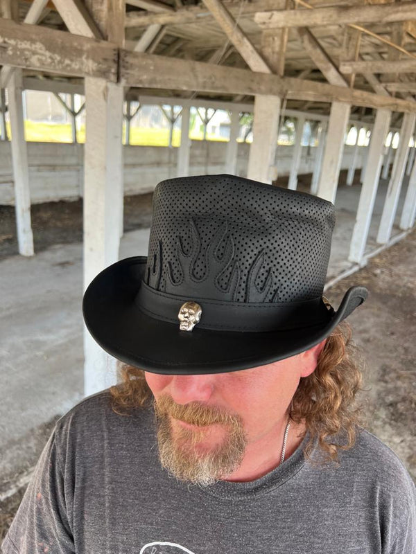 Fire Patch Perforated Leather biker Top Hat With Skull Band