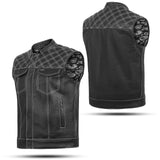 Black Leather Diamond Stitch Motorcycle Vest