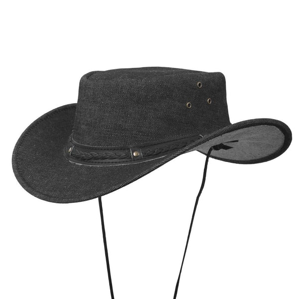 Black Denim Cowboy Western Rancher Hat With Braided Leather Hat Band