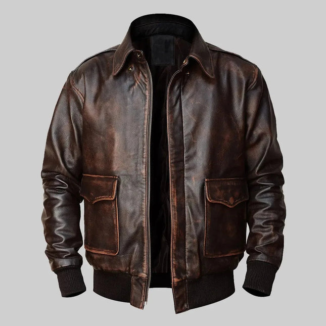 Men's Brown Leather Vintage A2 Pilot Bomber Jacket