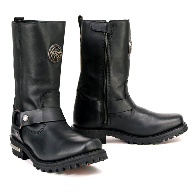 Women's 11-Inch Black Leather Motorcycle Harness Boots