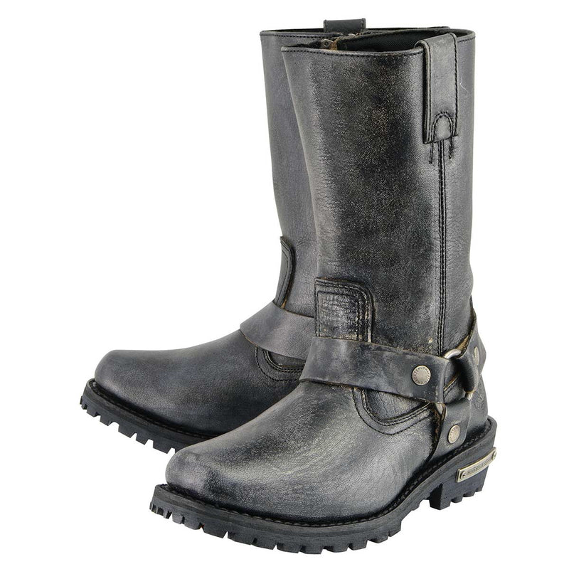Men's Distressed Leather 11-inch Gray Square Toes Motorcycle Harness Boots