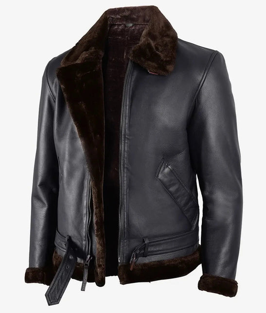Classic Black Shearling Leather Jacket with Brown Fur