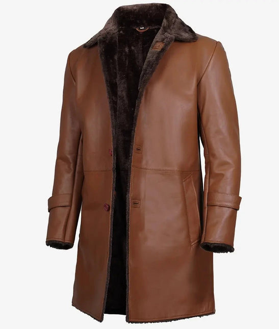 3/4 Length Cognac Brown Shearling Leather Coat