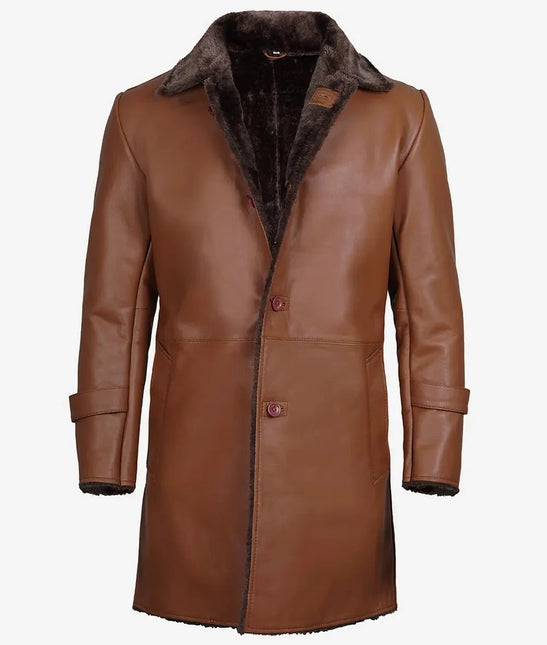 3/4 Length Cognac Brown Shearling Leather Coat