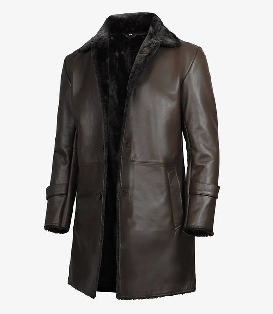 Men's 3/4 Dark Brown Leather Shearling Coat