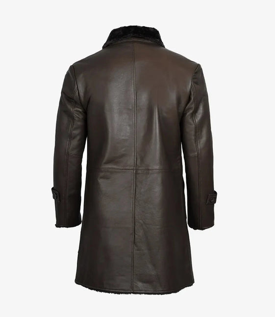 Men's 3/4 Dark Brown Leather Shearling Coat