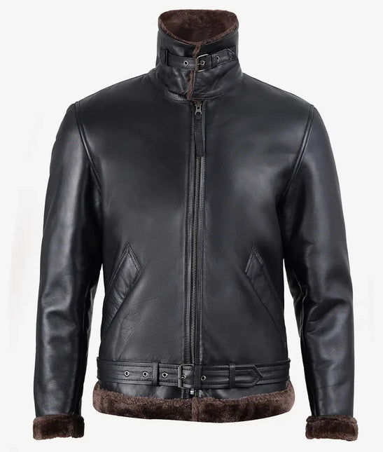 Classic Black Shearling Leather Jacket with Brown Fur