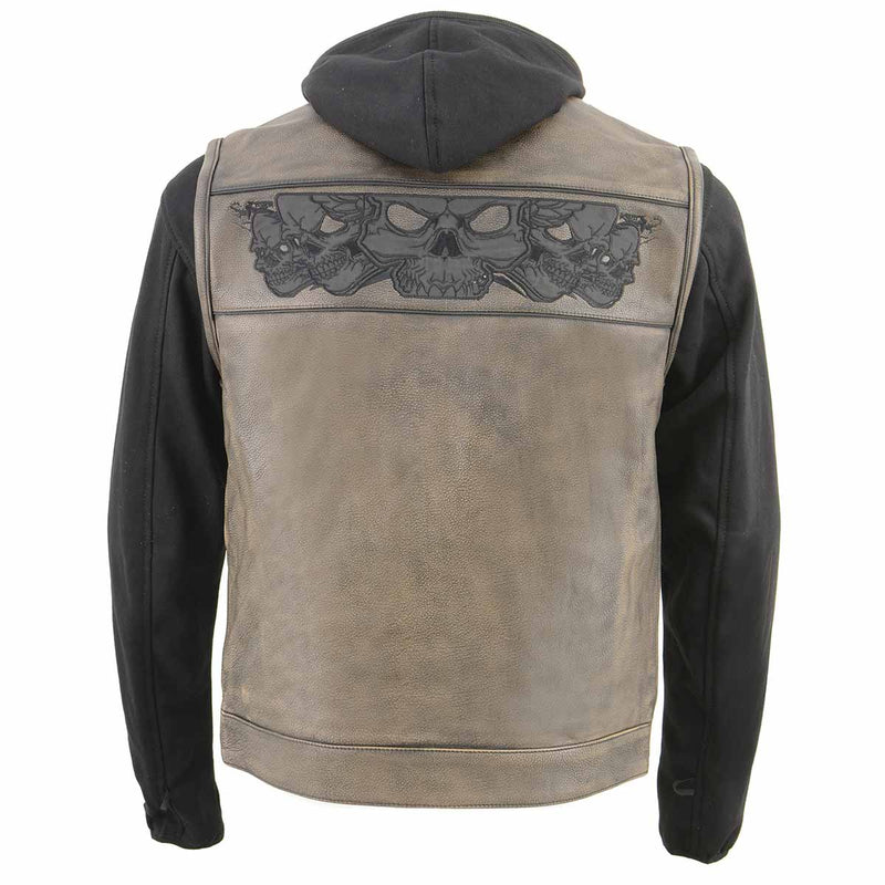 Milwaukee Leather Club Style Distress Brown Leather Vest w/ Reflective Skulls & Removable Hoodie