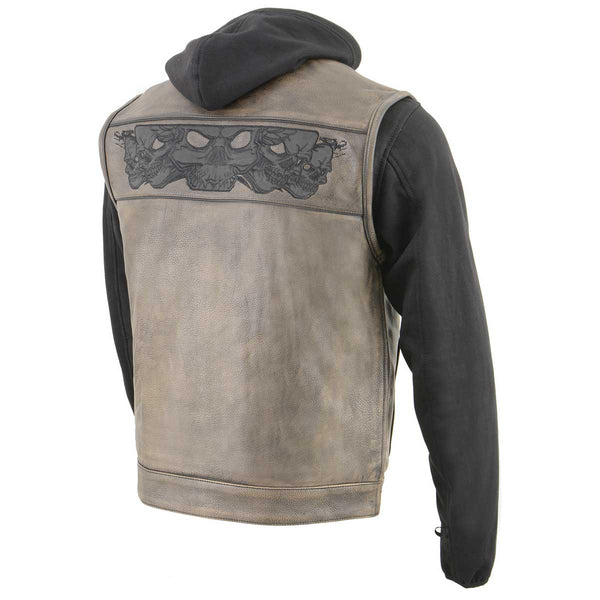 Milwaukee Leather Club Style Distress Brown Leather Vest w/ Reflective Skulls & Removable Hoodie