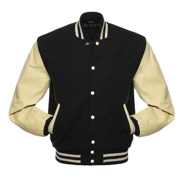 Black Wool Varsity Jacket with Off-White Leather Sleeves