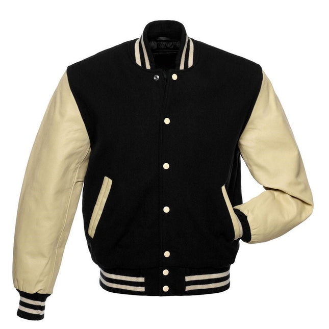 Black Wool Varsity Jacket with Off-White Leather Sleeves