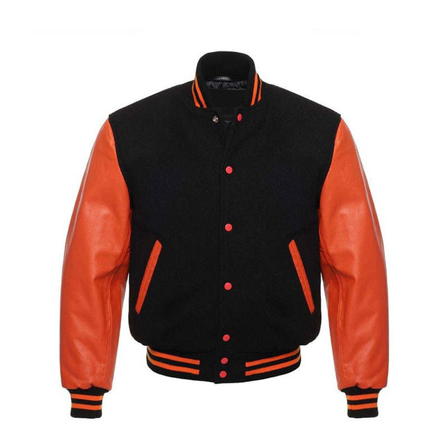 Men's Black Varsity Jacket Leather Sleeves - Orange