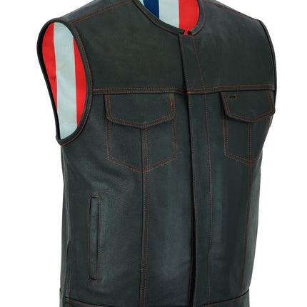 Men's Banded Collar leather Vest with USA Flag Lining & Red Stitching