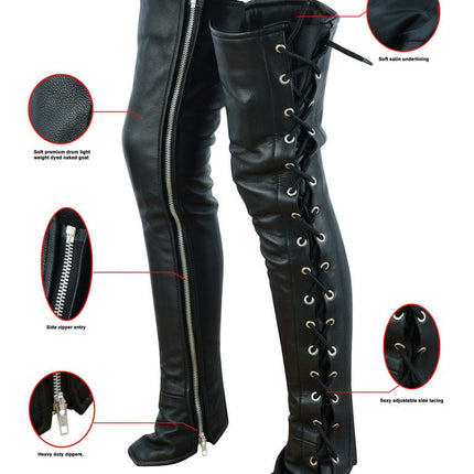 Women's Black Thigh High Leather Side Lace Leggings