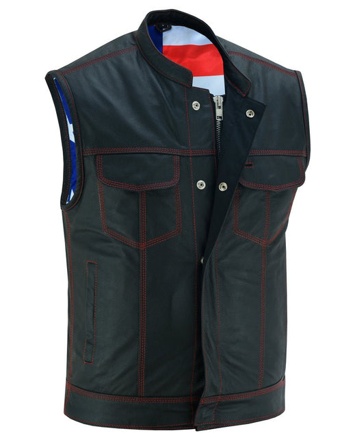 Mens's Leather Motorcycle Vest with Scoop Collar & USA Flag