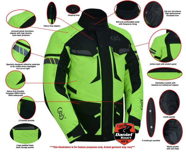 4-Season Hi-Vis Mens Textile Motorycyle Jacket  Waterproof & Ventilated