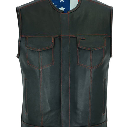 Men's Banded Collar leather Vest with USA Flag Lining & Red Stitching