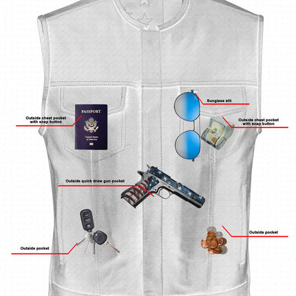 Men's Banded Collar leather Vest with USA Flag Lining & Red Stitching