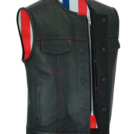 Men's Banded Collar leather Vest with USA Flag Lining & Red Stitching