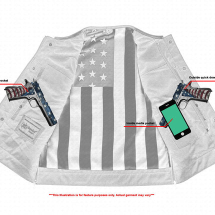 Men's Banded Collar leather Vest with USA Flag Lining & Red Stitching