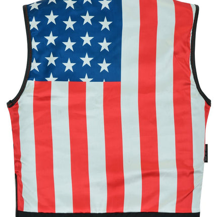 Men's Banded Collar leather Vest with USA Flag Lining & Red Stitching