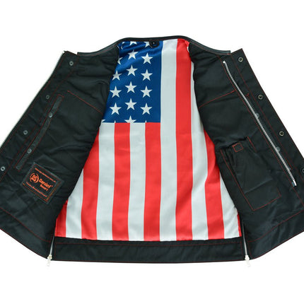 Men's Banded Collar leather Vest with USA Flag Lining & Red Stitching