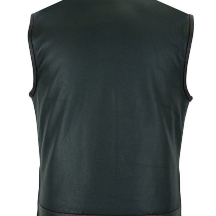 Men's Banded Collar leather Vest with USA Flag Lining & Red Stitching