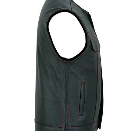 Men's Banded Collar leather Vest with USA Flag Lining & Red Stitching