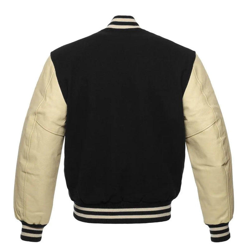 Black Wool Varsity Jacket with Off-White Leather Sleeves