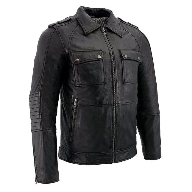 Men's Black Lambskin Leather Jacket With Patch Pocket