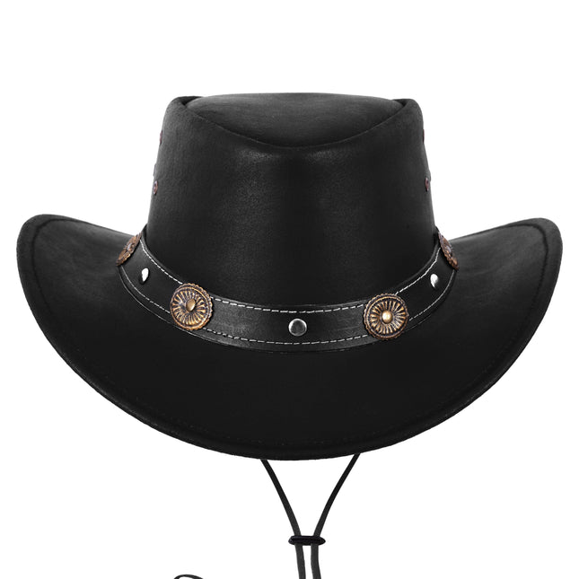 Genuine Black Leather Western Style Cowboy Hat With Conchos Band - MARA Leather