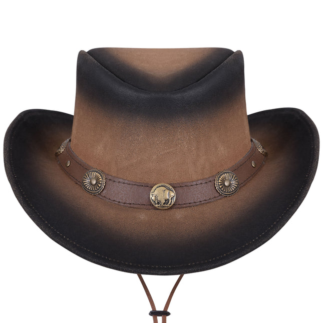 Two Tone Genuine Leather Western Style Cowboy Hat With Buffalo Nickel Band - MARA Leather