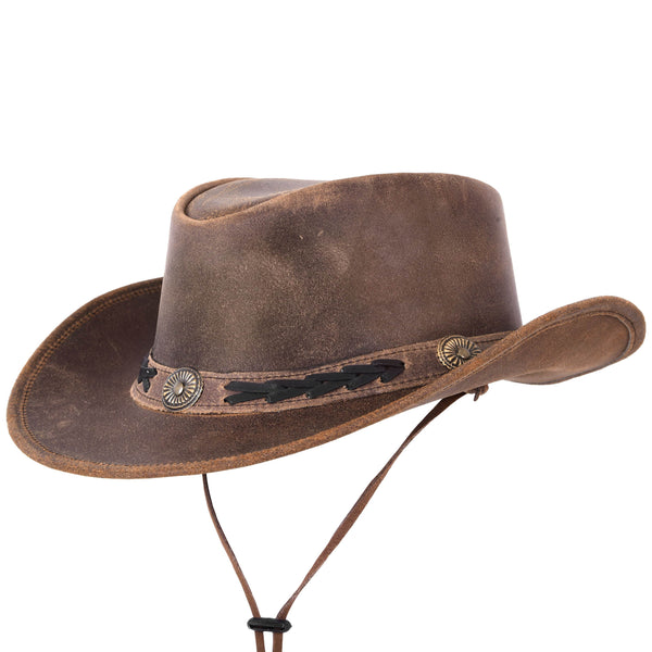 Distressed Leather Vintage Style Brown Cowboy Hat with Braided Hat Band - MARA Leather