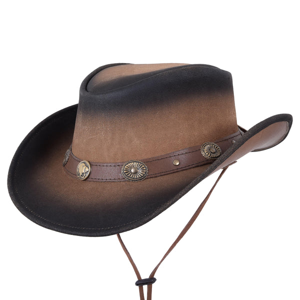 Two Tone Genuine Leather Western Style Cowboy Hat With Buffalo Nickel Band - MARA Leather