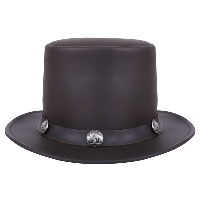 Cowhide Leather Top Hat With Buffalo Nickel Band - Brown - MARA Leather